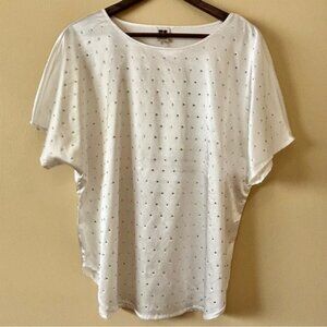 Anne Klein| Cream Satin Rhinestone Studded Boxy Short Sleeve Flowy Blouse Sz XL